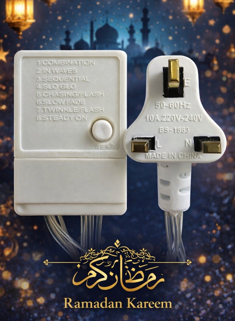 F.A.M.S Ramadan Curtain LED Lights – Moon & Star Warm White Fairy Lights with 8 Lighting Modes, UK Plug, Decorative Wall Hanging Lights for Home, Eid & Ramadan Decor - Image 2